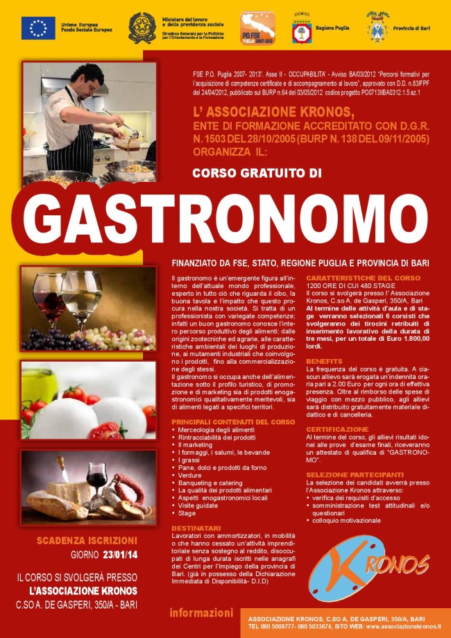 corso gratuito Gastronomi a Bari